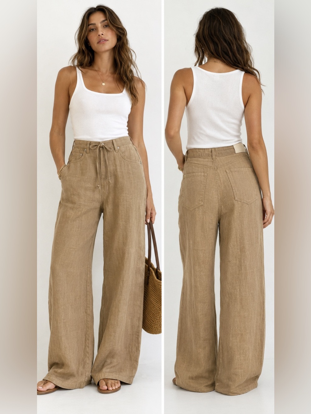 Citizens of Humanity 100% Linen Wide Leg Drawstring Pants Tan Size 28 Coastal